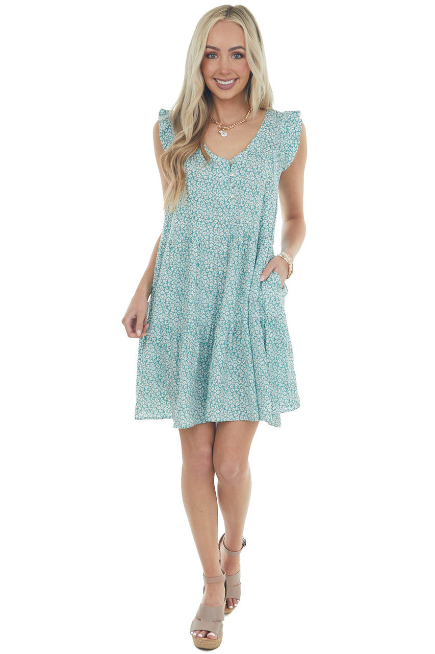 Teal Ditsy Floral Ruffle Cap Sleeve Dress