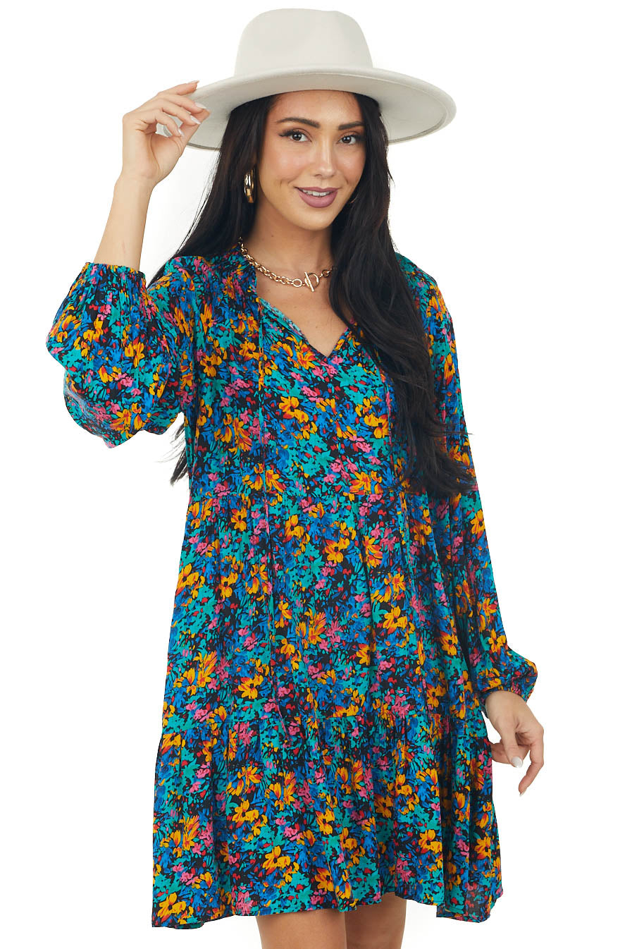 Teal Floral Print Long Sleeve Short Woven Dress