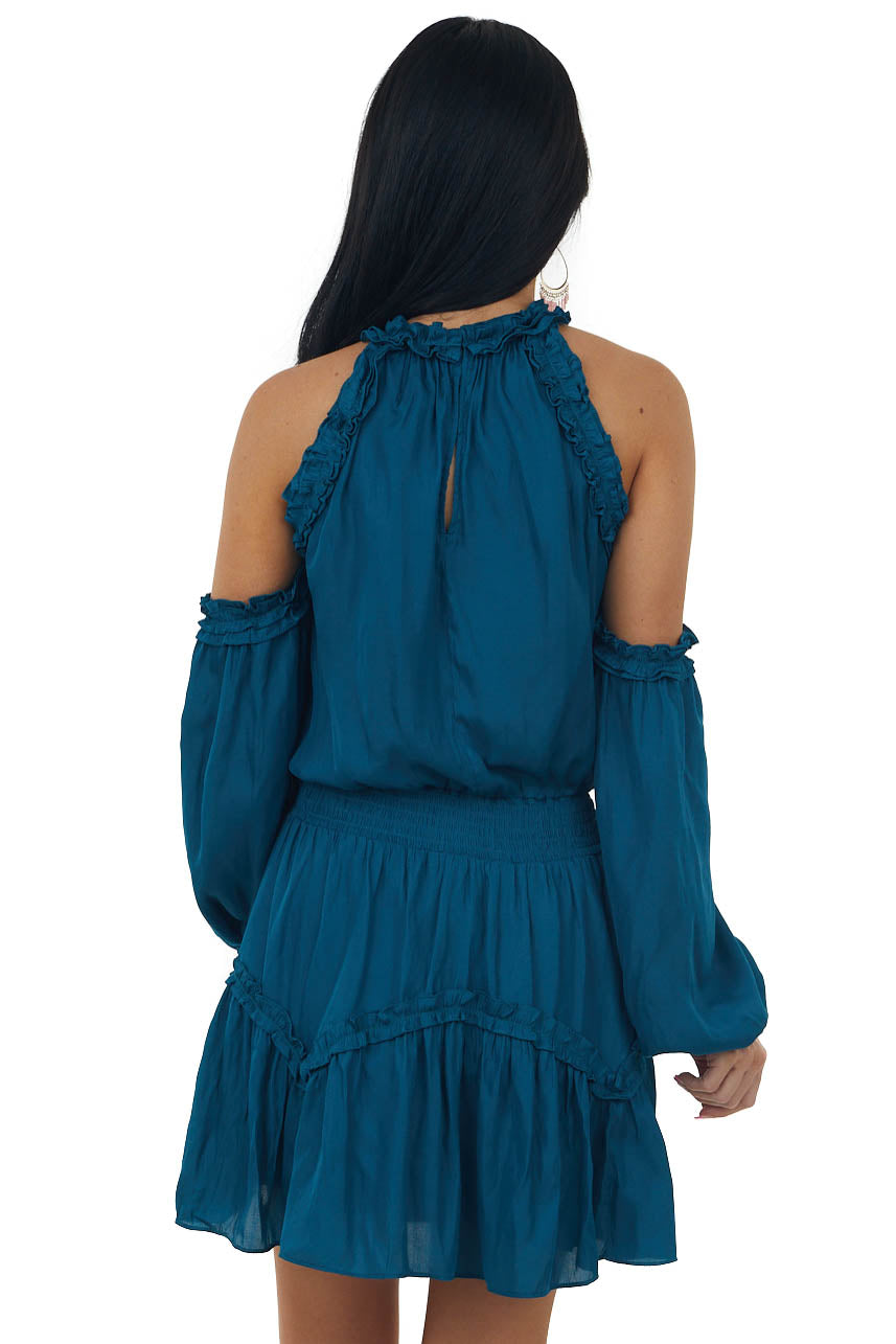 Teal Frilled Cold Shoulder Silky Short Dress