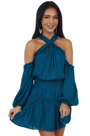 Teal Frilled Cold Shoulder Silky Short Dress