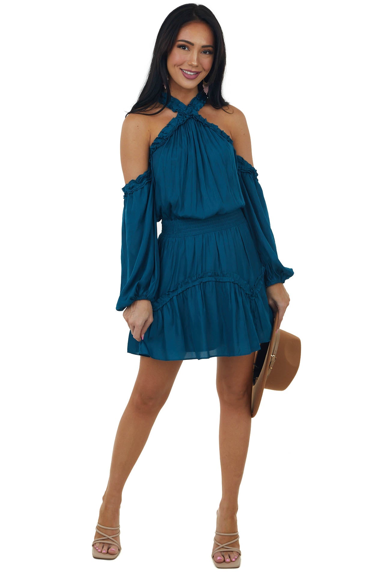 Teal Frilled Cold Shoulder Silky Short Dress