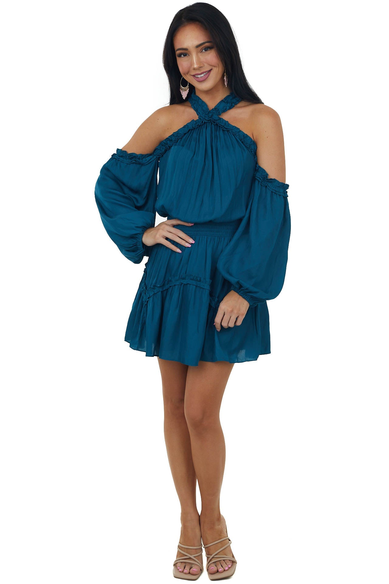 Teal Frilled Cold Shoulder Silky Short Dress