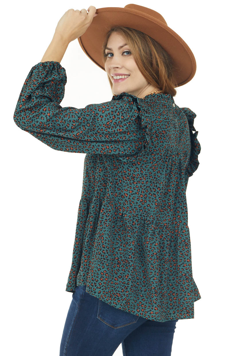 Teal Leopard Print Long Sleeve Babydoll Woven Top