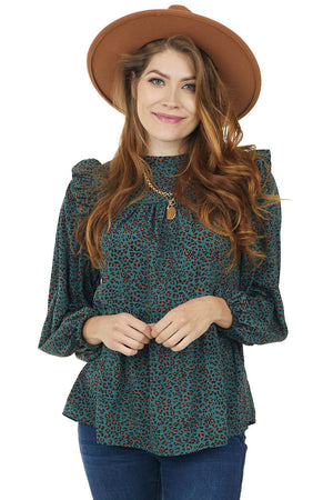 Teal Leopard Print Long Sleeve Babydoll Woven Top