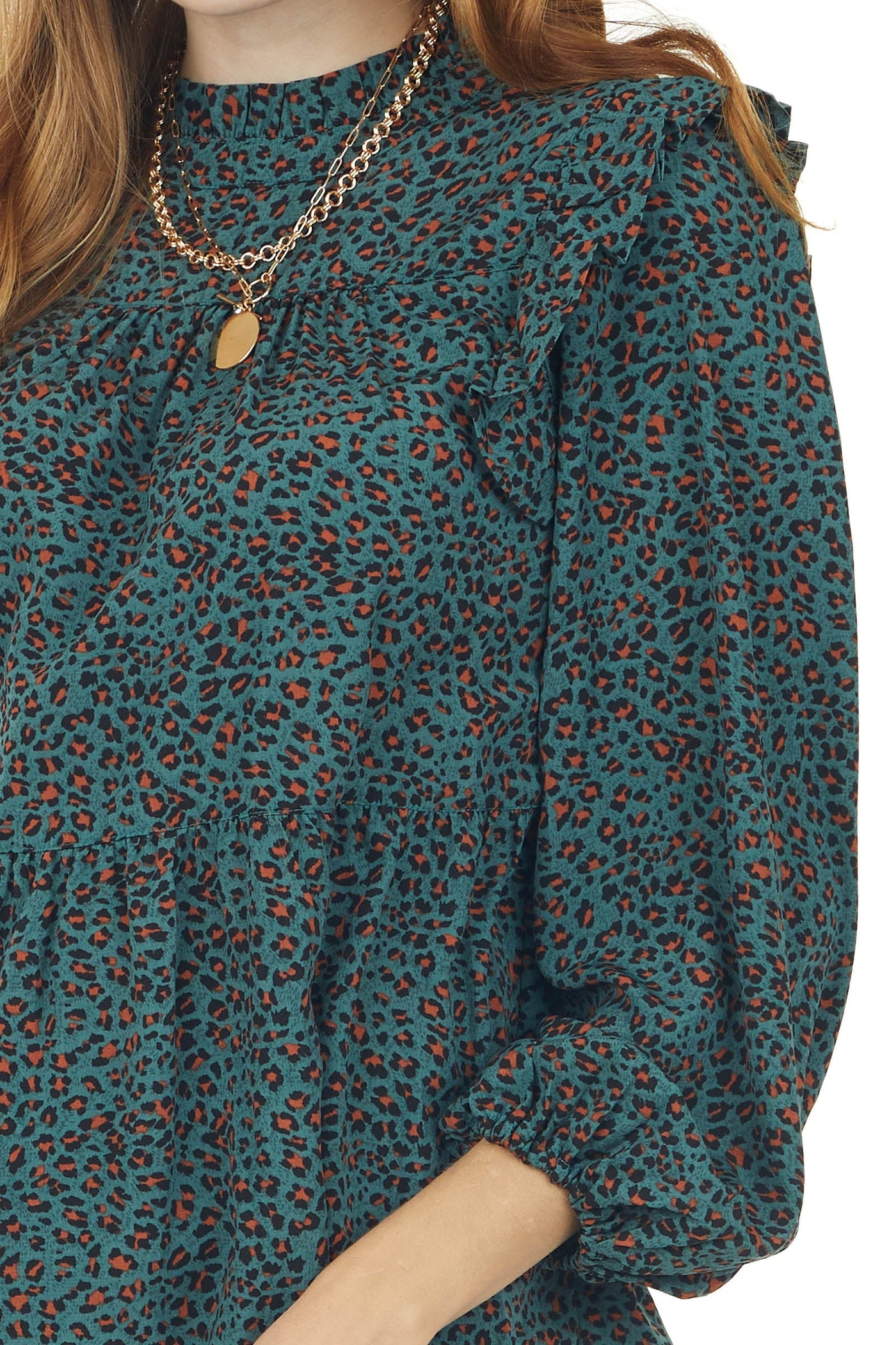 Teal Leopard Print Long Sleeve Babydoll Woven Top