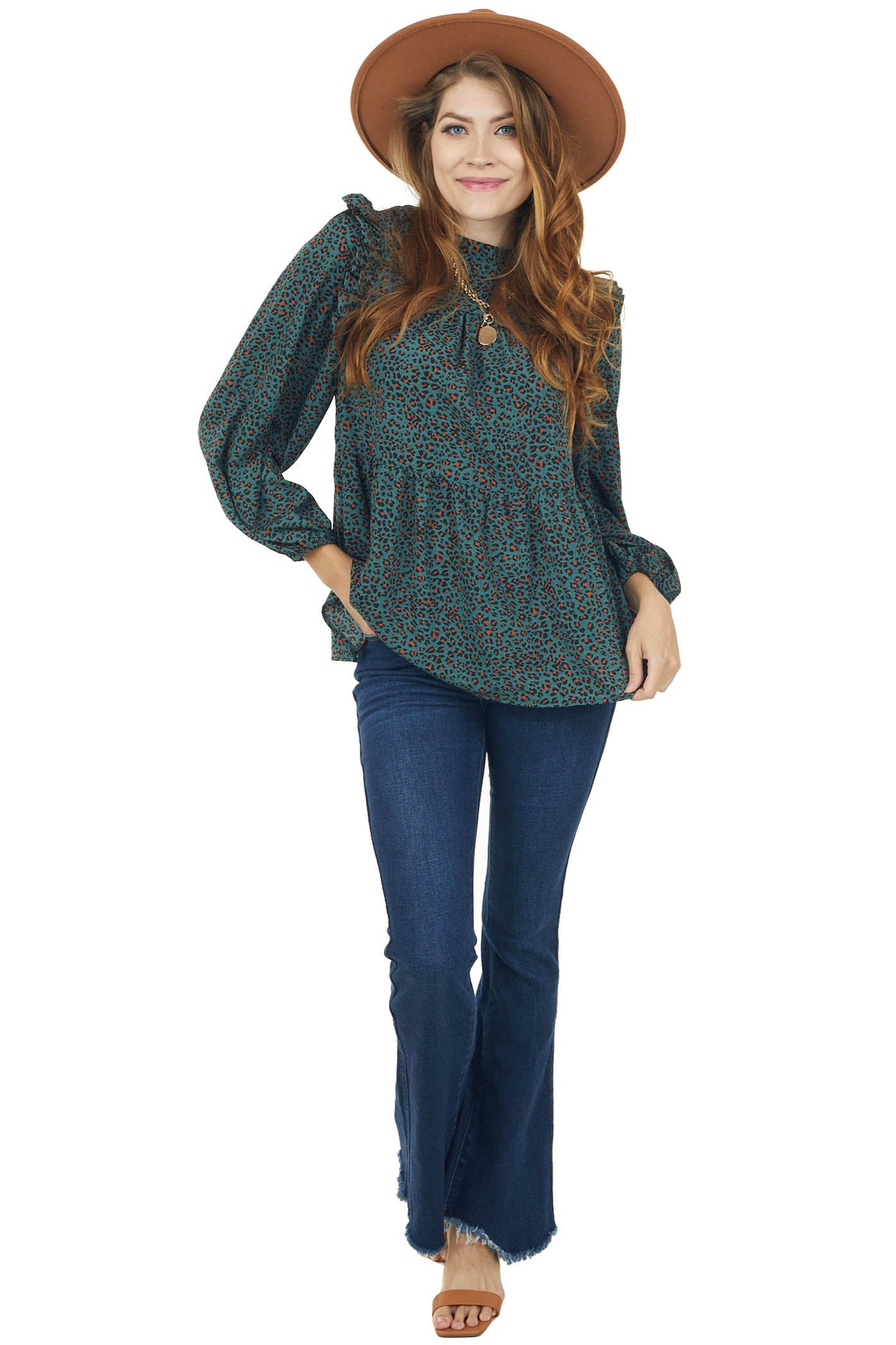 Teal Leopard Print Long Sleeve Babydoll Woven Top