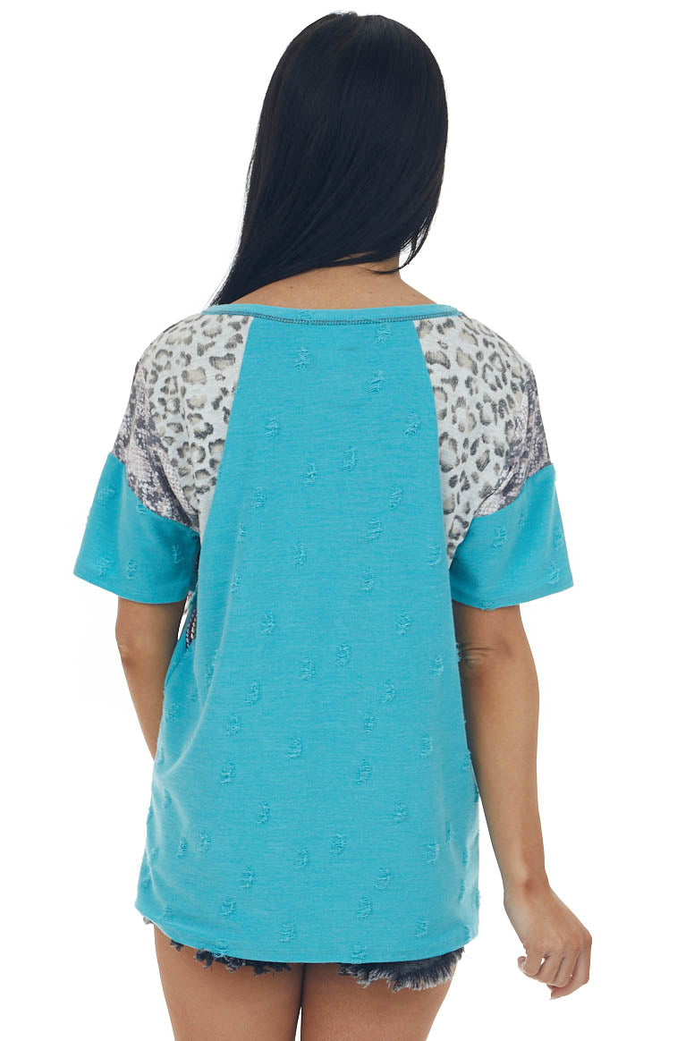 Teal Multiprint Short Sleeve Distressed Knit Top