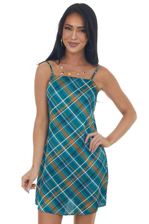 Teal Plaid Open Back Sleeveless Mini Dress