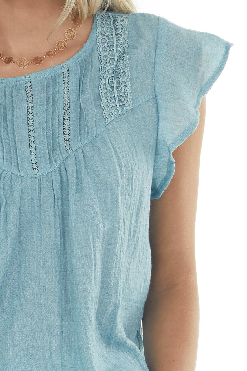 Teal Short Ruffle Sleeves Woven Top with Lace Yoke