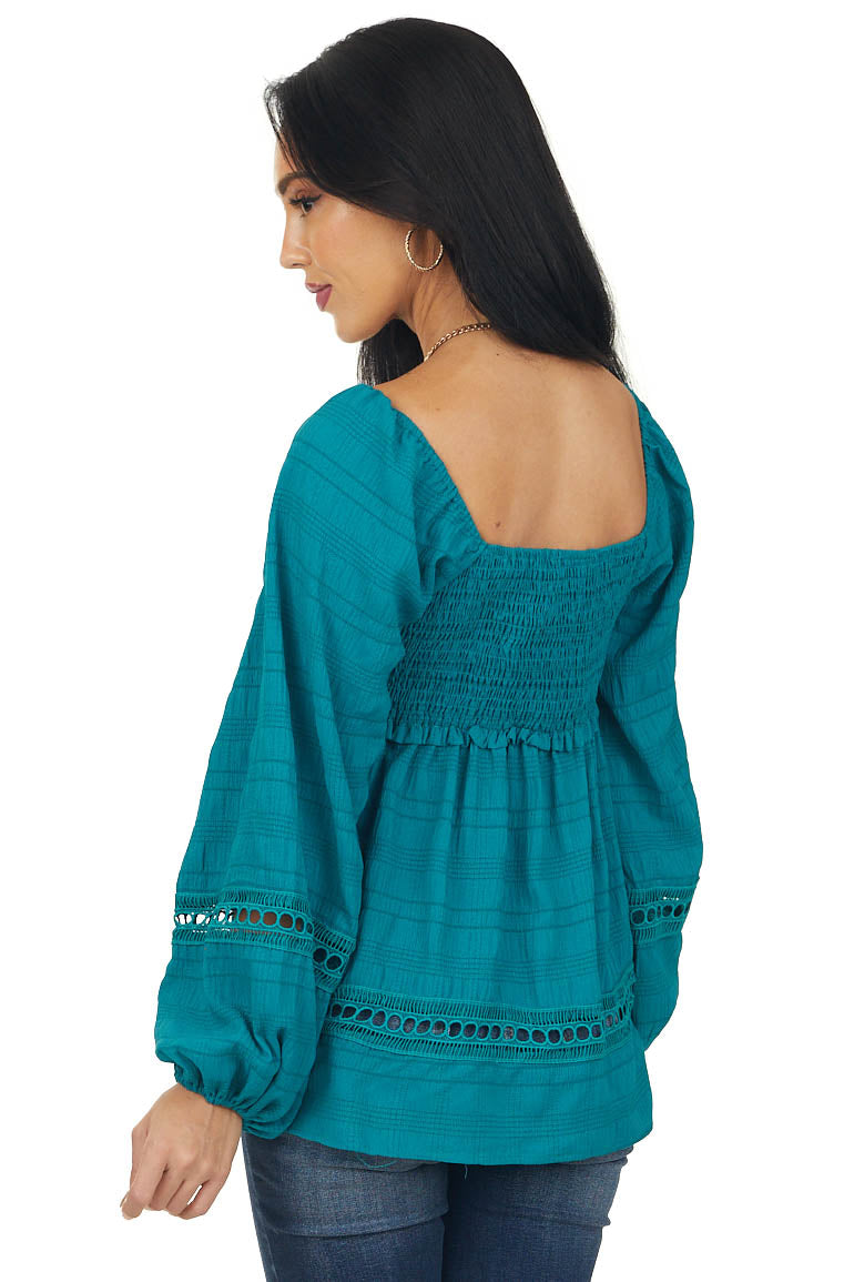 Teal Smocked Bust Lace Detailed Blouse