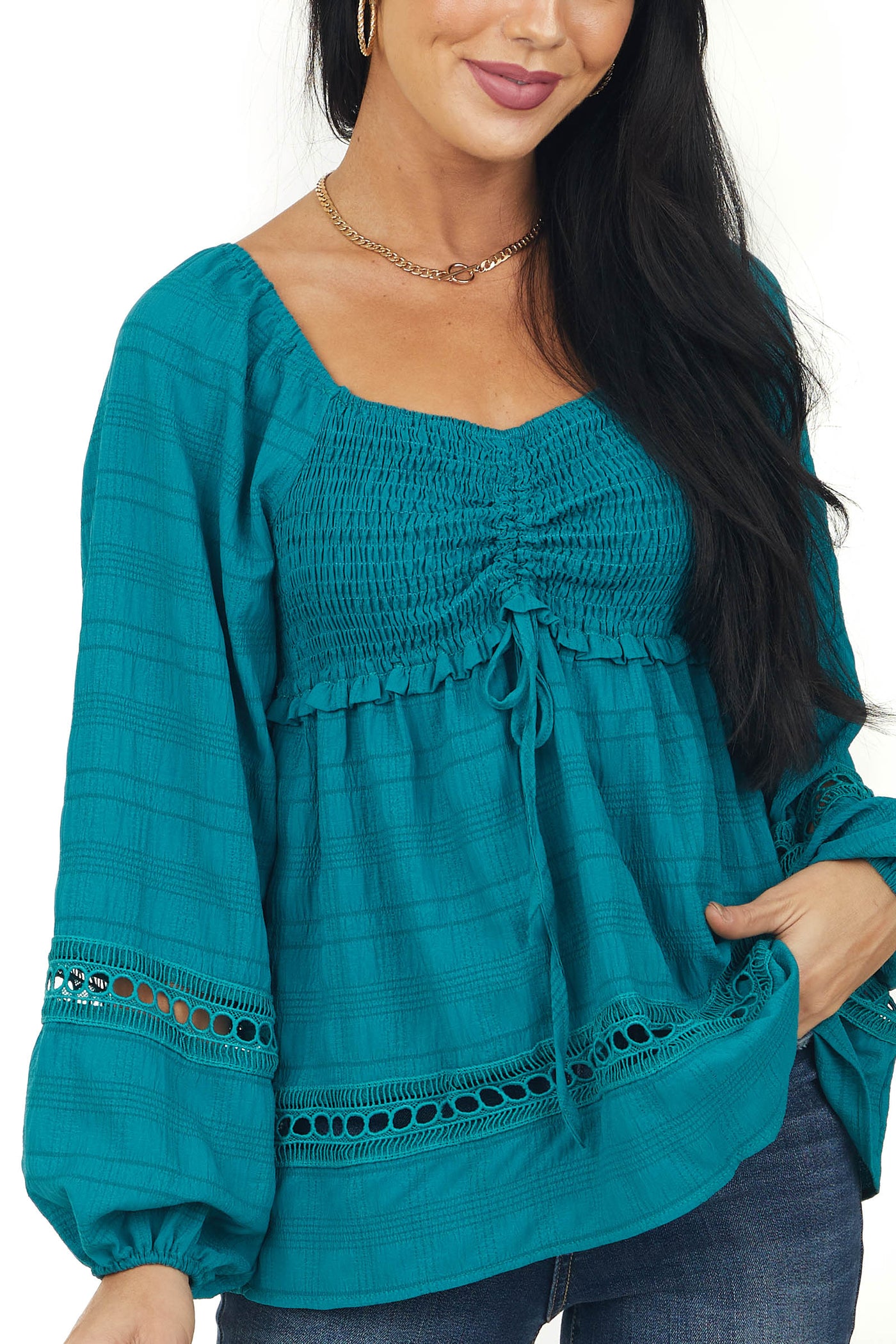 Teal Smocked Bust Lace Detailed Blouse