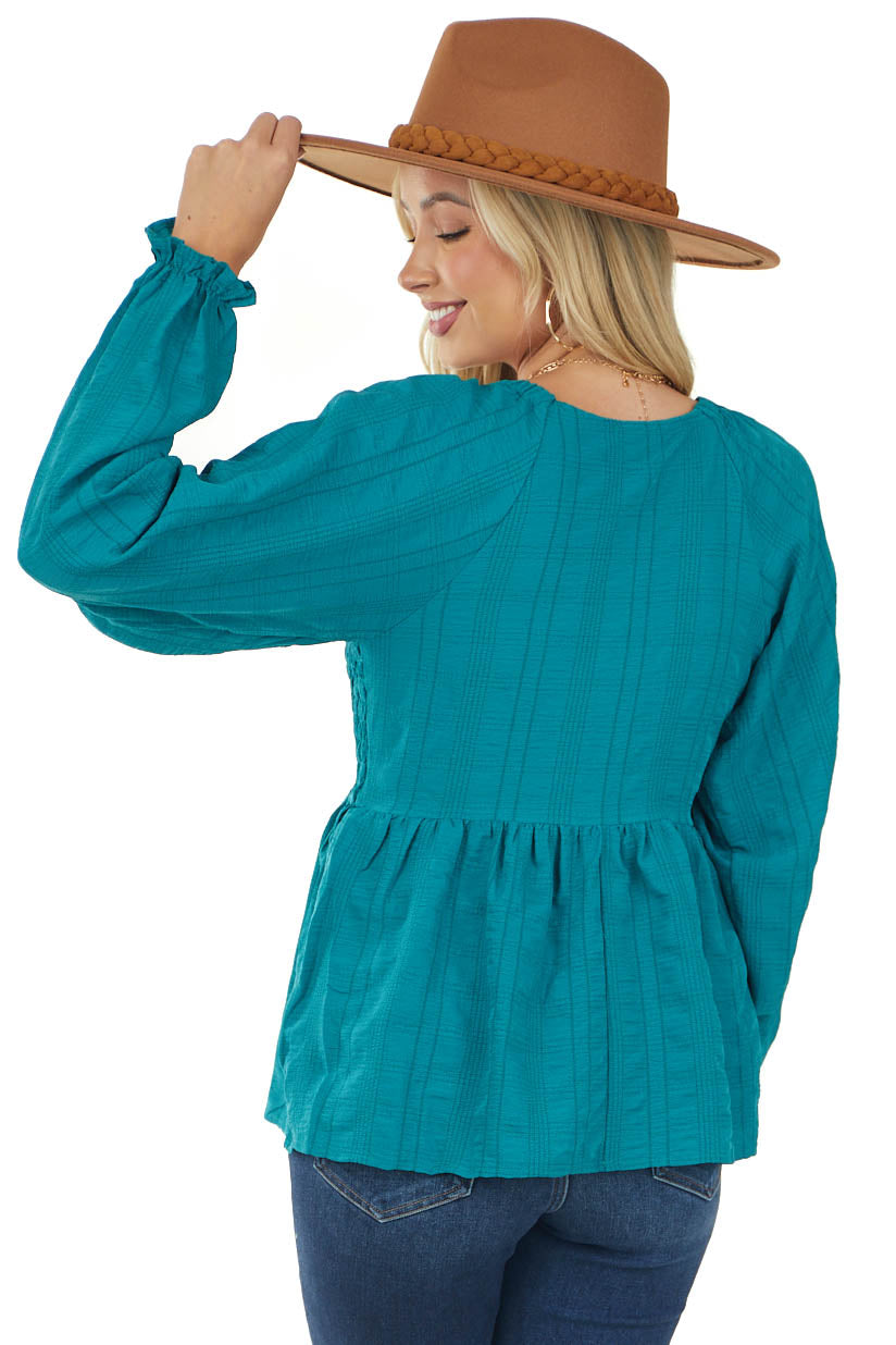 Teal Smocked Bust Long Sleeve Babydoll Blouse