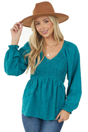 Teal Smocked Bust Long Sleeve Babydoll Blouse