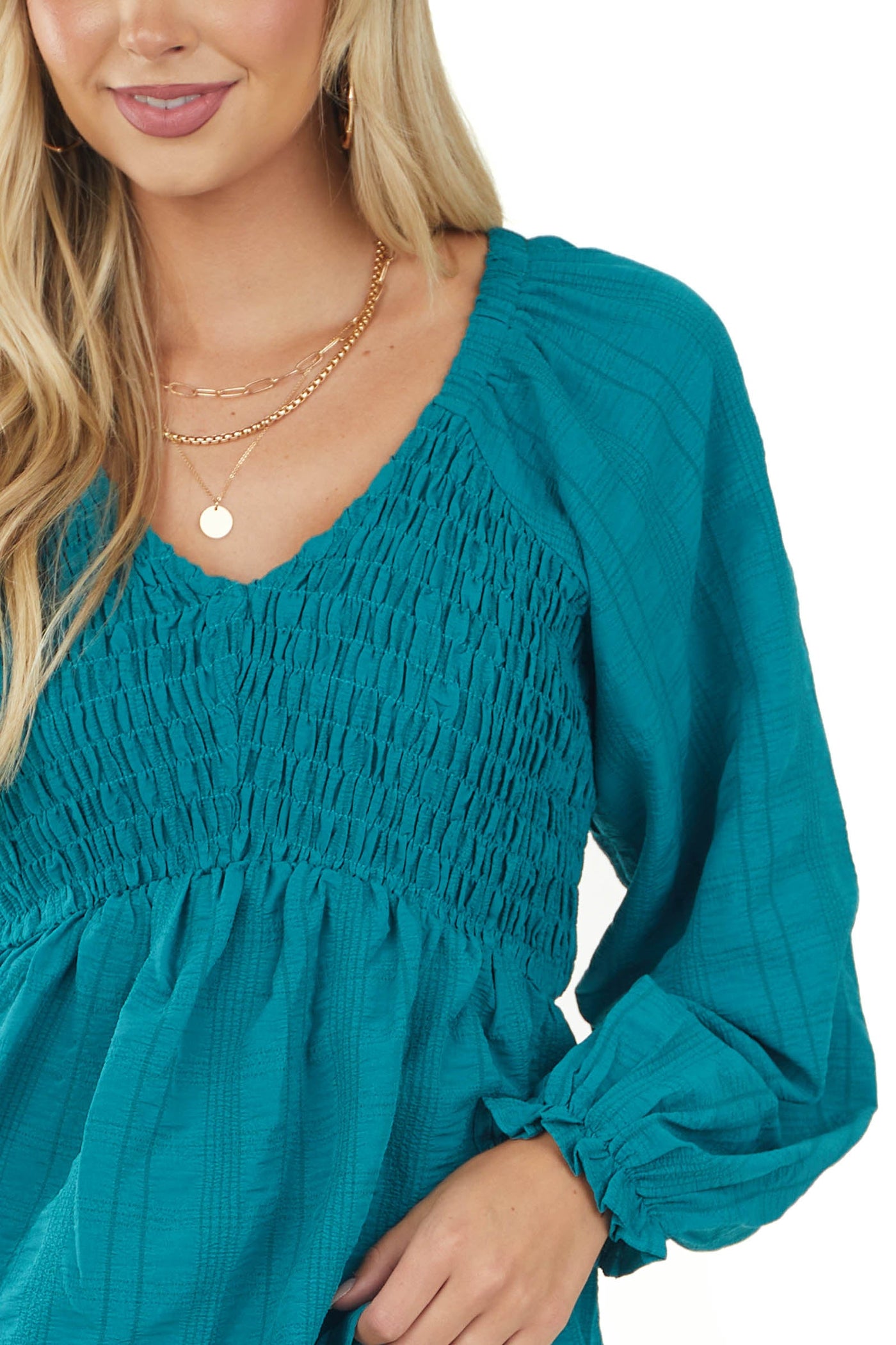 Teal Smocked Bust Long Sleeve Babydoll Blouse