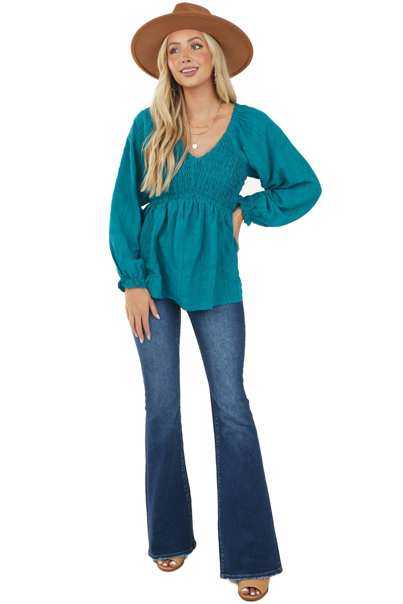 Teal Smocked Bust Long Sleeve Babydoll Blouse