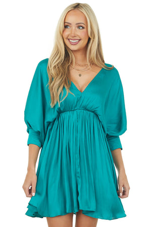 Teal V Neck Bubble Sleeve Satin Mini Dress