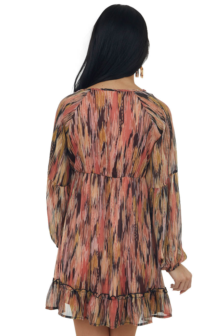 Terracotta Abstract V Neck Babydoll Mini Dress