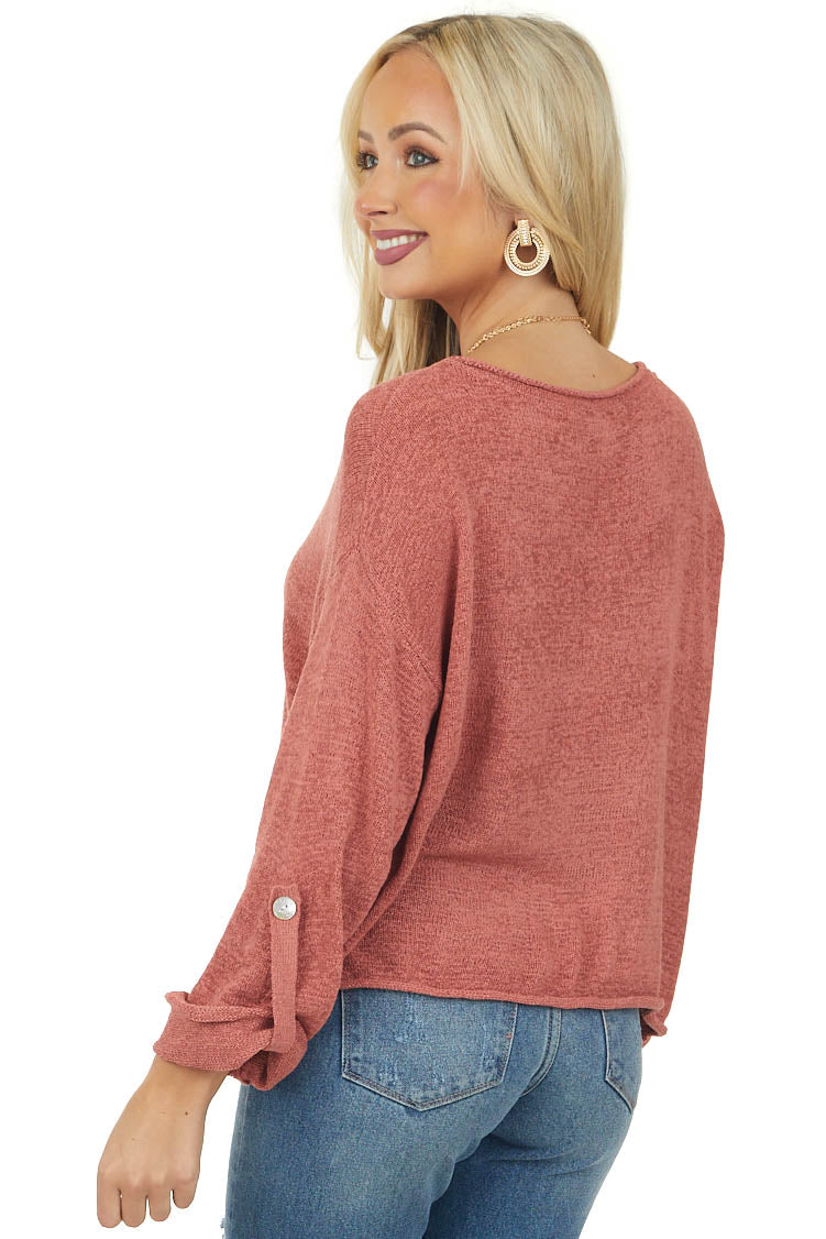 Terracotta Boat Neck Textured Knit Sweater