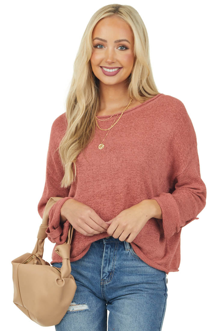 Terracotta Boat Neck Textured Knit Sweater