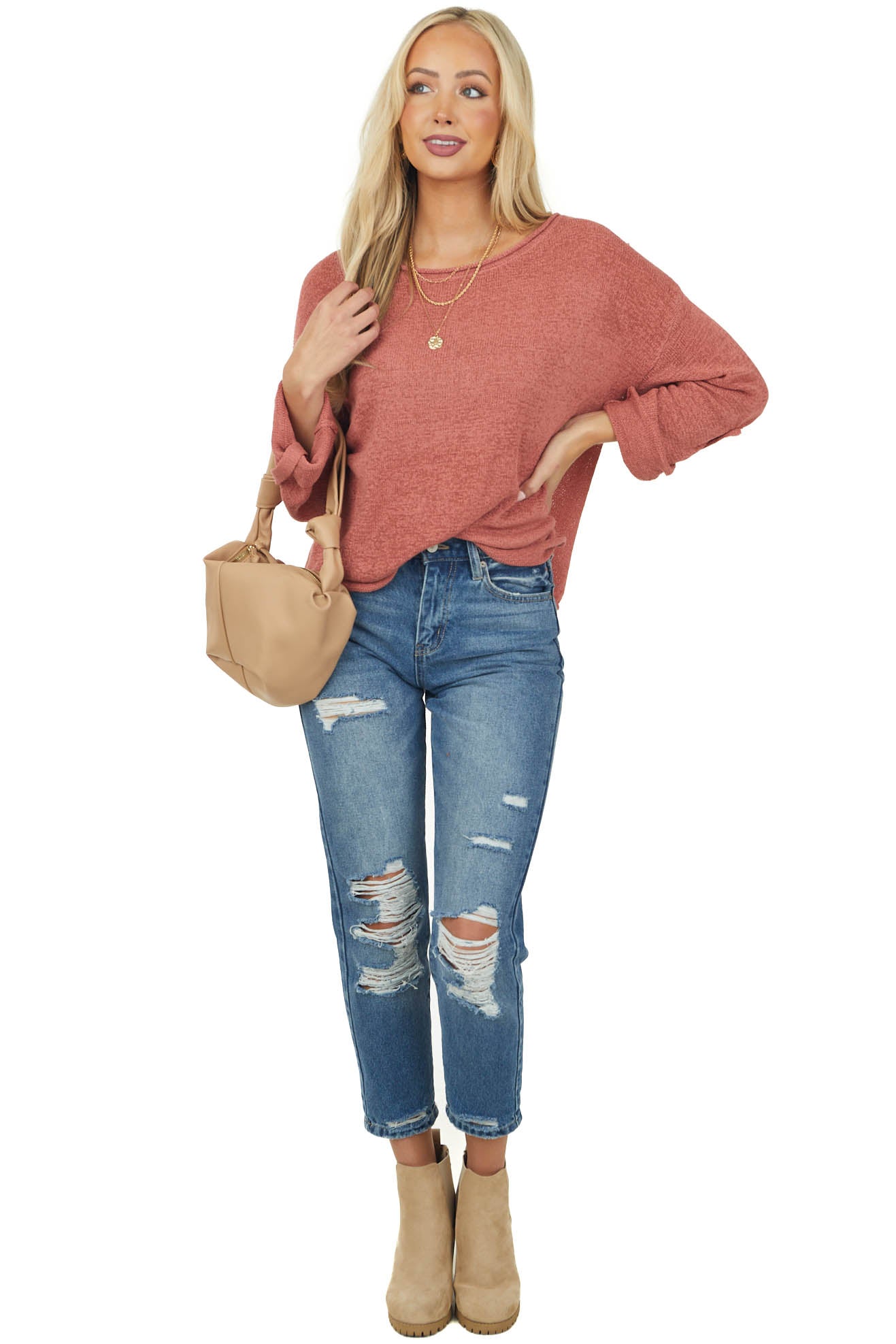 Terracotta Boat Neck Textured Knit Sweater