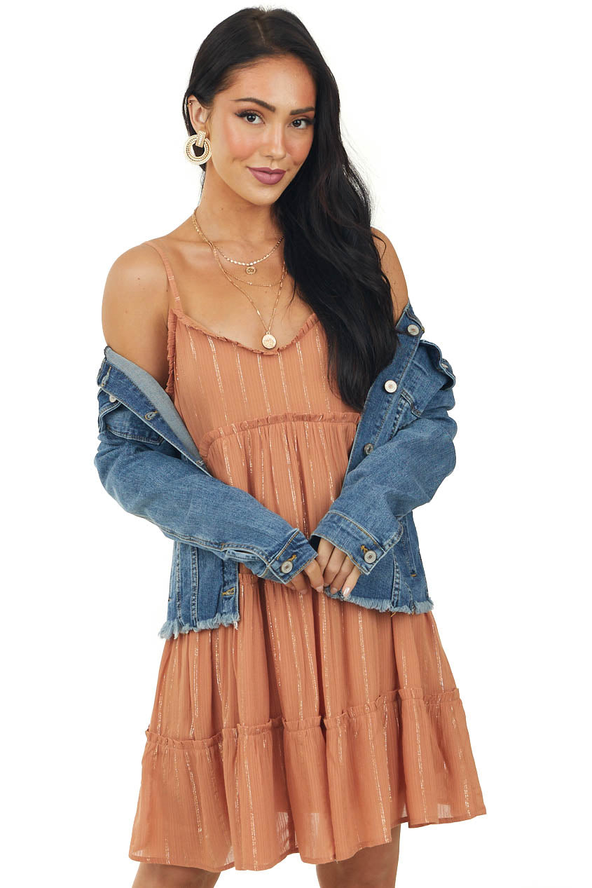Terracotta Button Up Back Tiered Woven Mini Dress