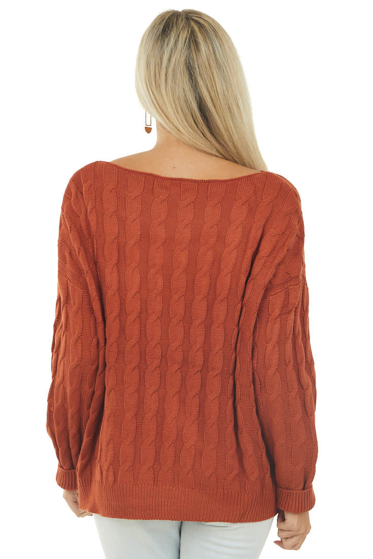Terracotta Cable Knit Long Sleeve Sweater with Ribbed Hem