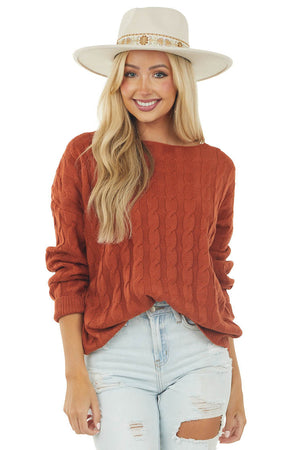 Terracotta Cable Knit Long Sleeve Sweater with Ribbed Hem