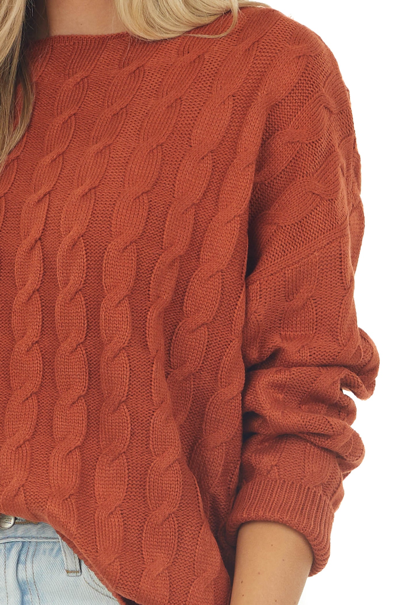 Terracotta Cable Knit Long Sleeve Sweater with Ribbed Hem