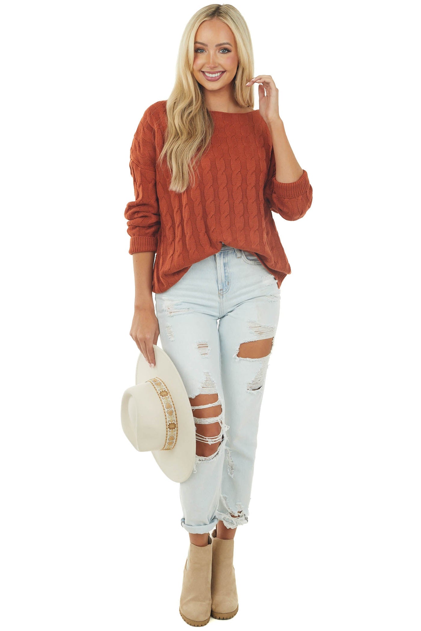 Terracotta Cable Knit Long Sleeve Sweater with Ribbed Hem