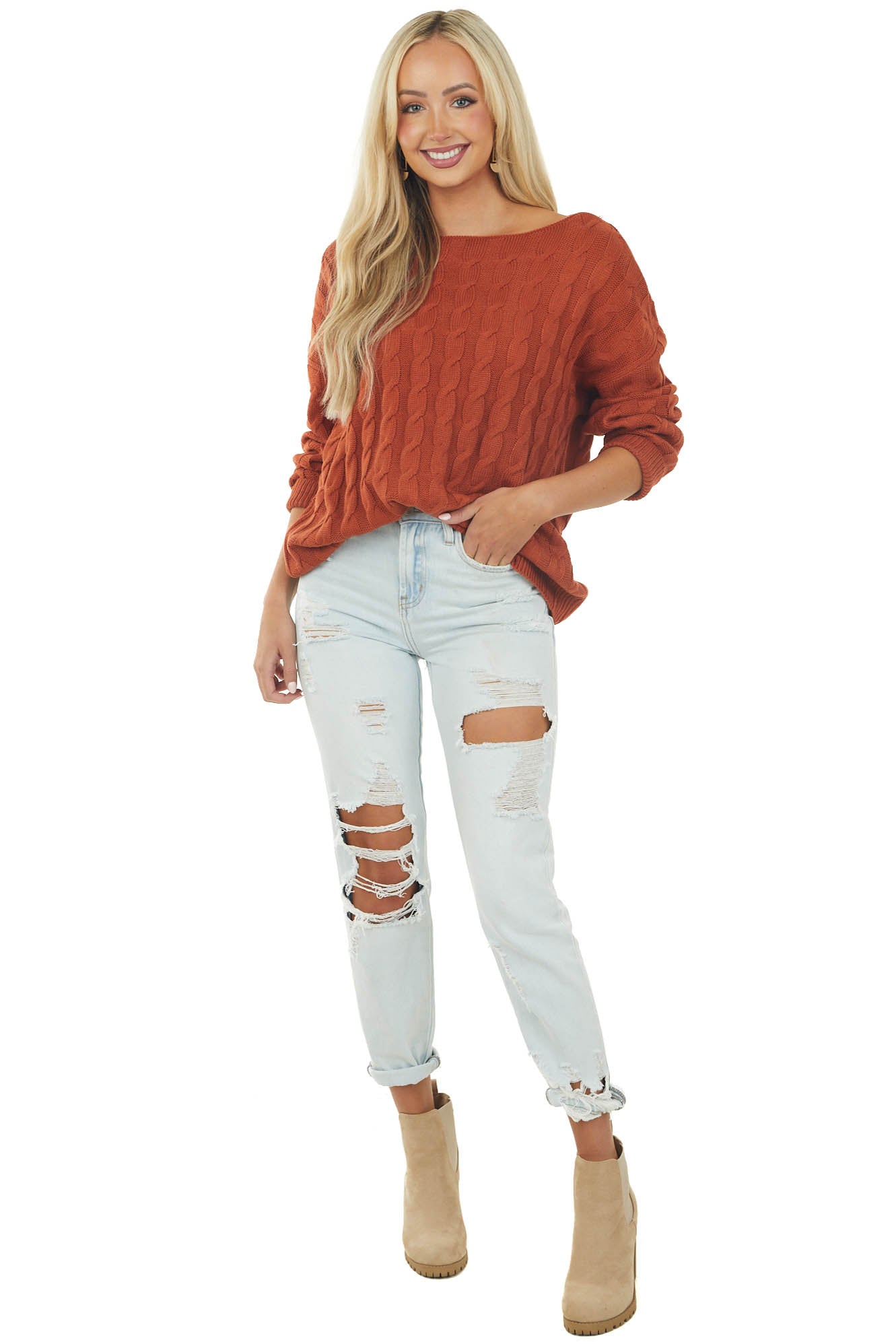 Terracotta Cable Knit Long Sleeve Sweater with Ribbed Hem