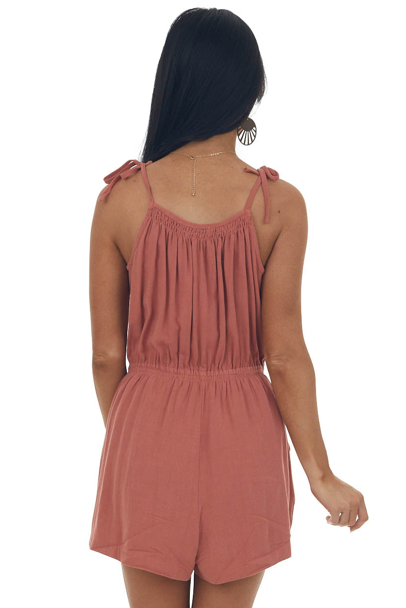 Terracotta Elastic Waist Linen Cami Romper
