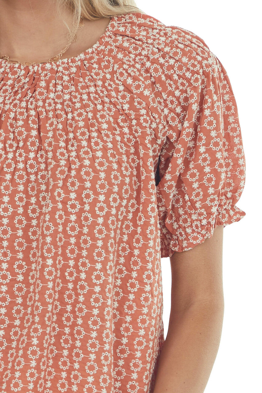 Terracotta Eyelet Lace Short Puff Sleeve Top