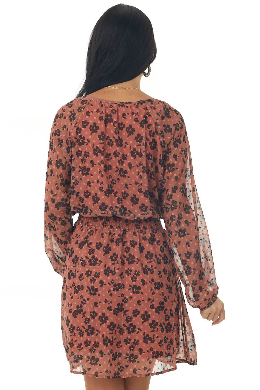 Terracotta Floral Print Long Sleeve Mini Dress