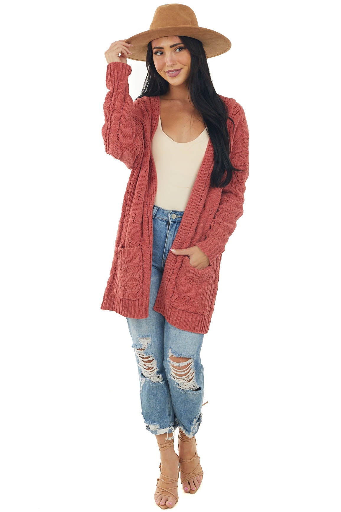 Terracotta Long Sleeve Cable Knit Cardigan