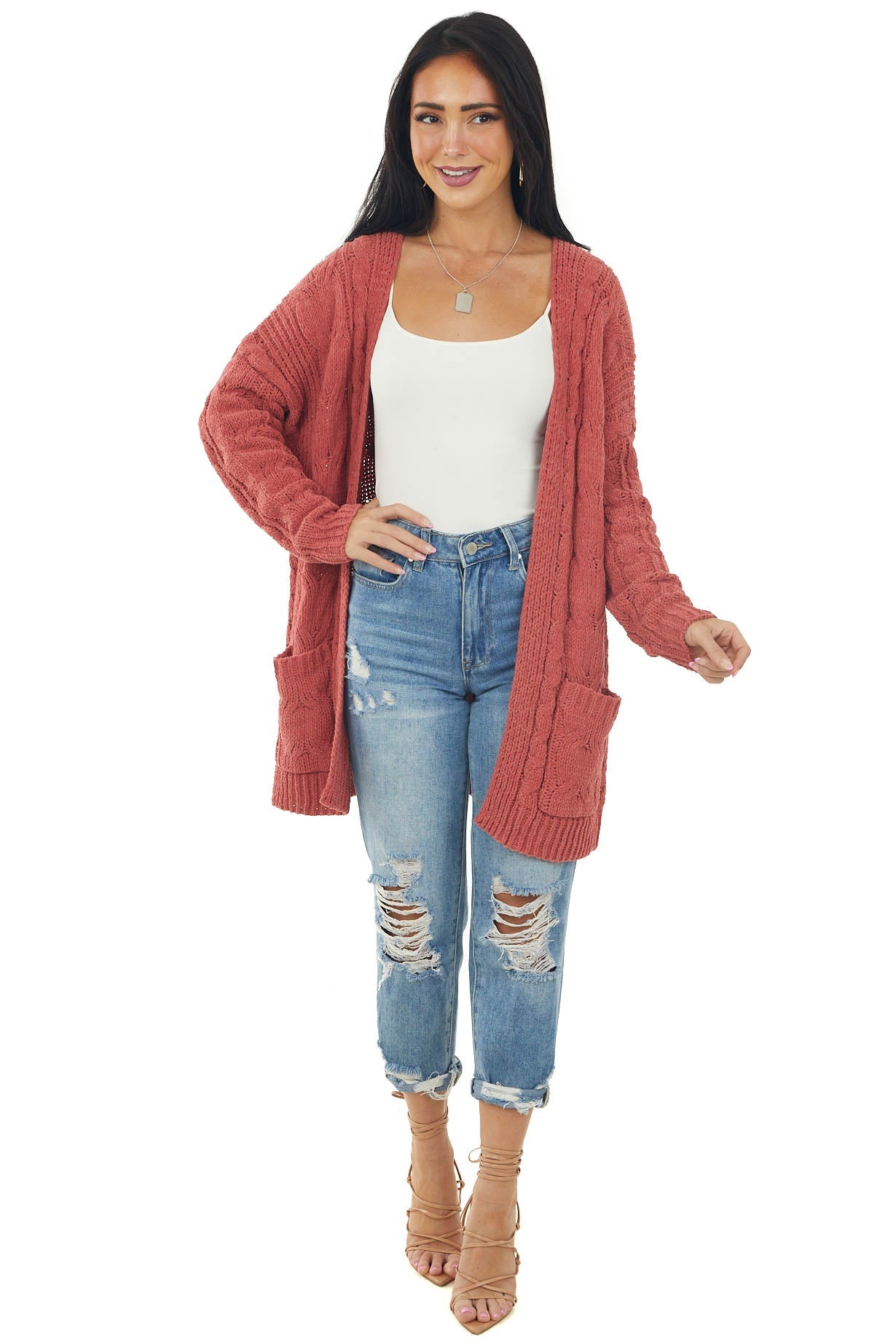 Terracotta Long Sleeve Cable Knit Cardigan
