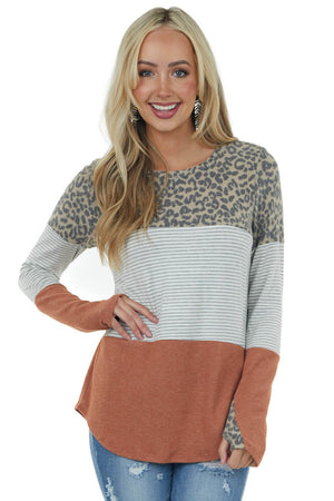 Terracotta Multiprint Colorblock Stretchy Brushed Knit Top