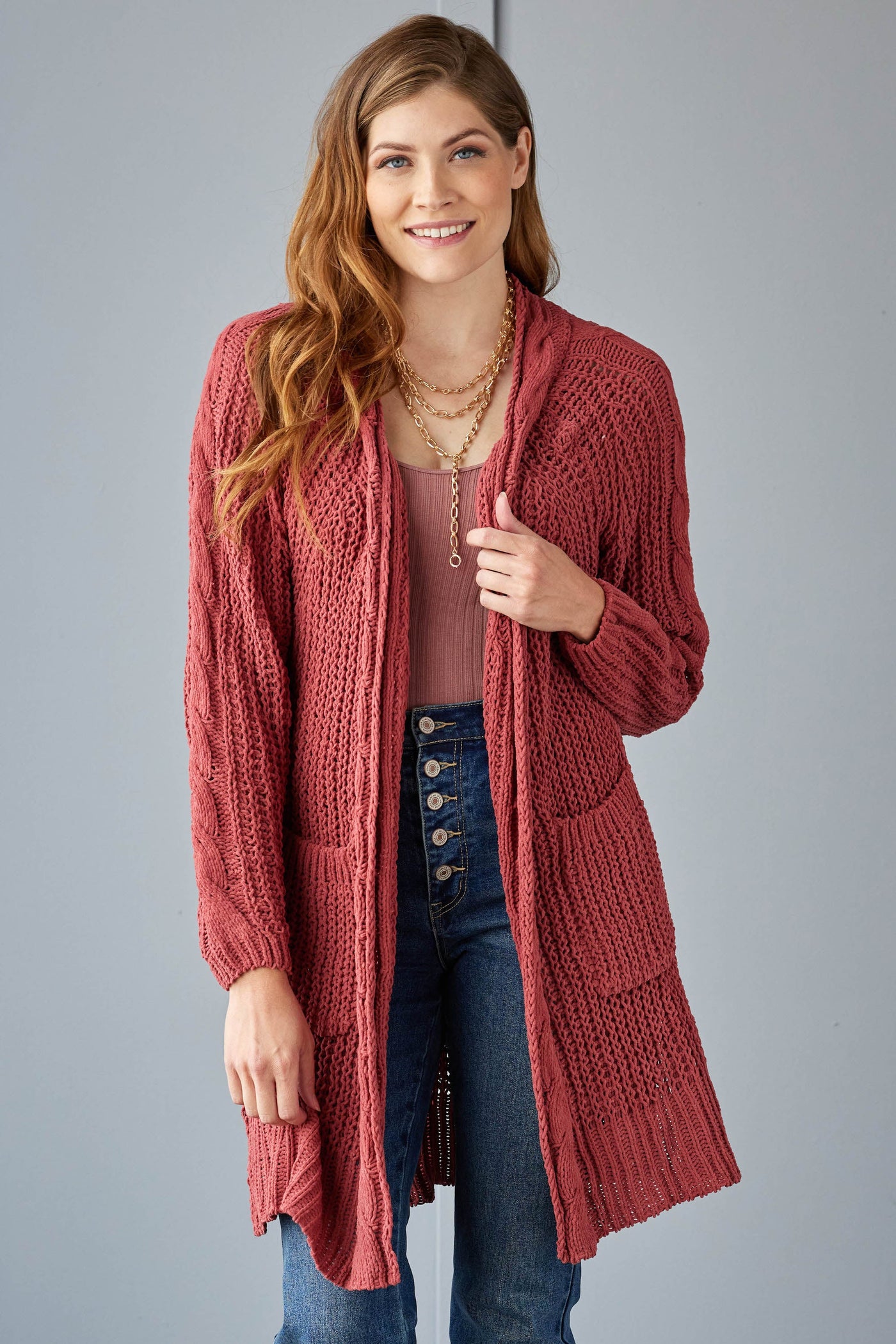 Terracotta Soft Chunky Cable Knit Cardigan