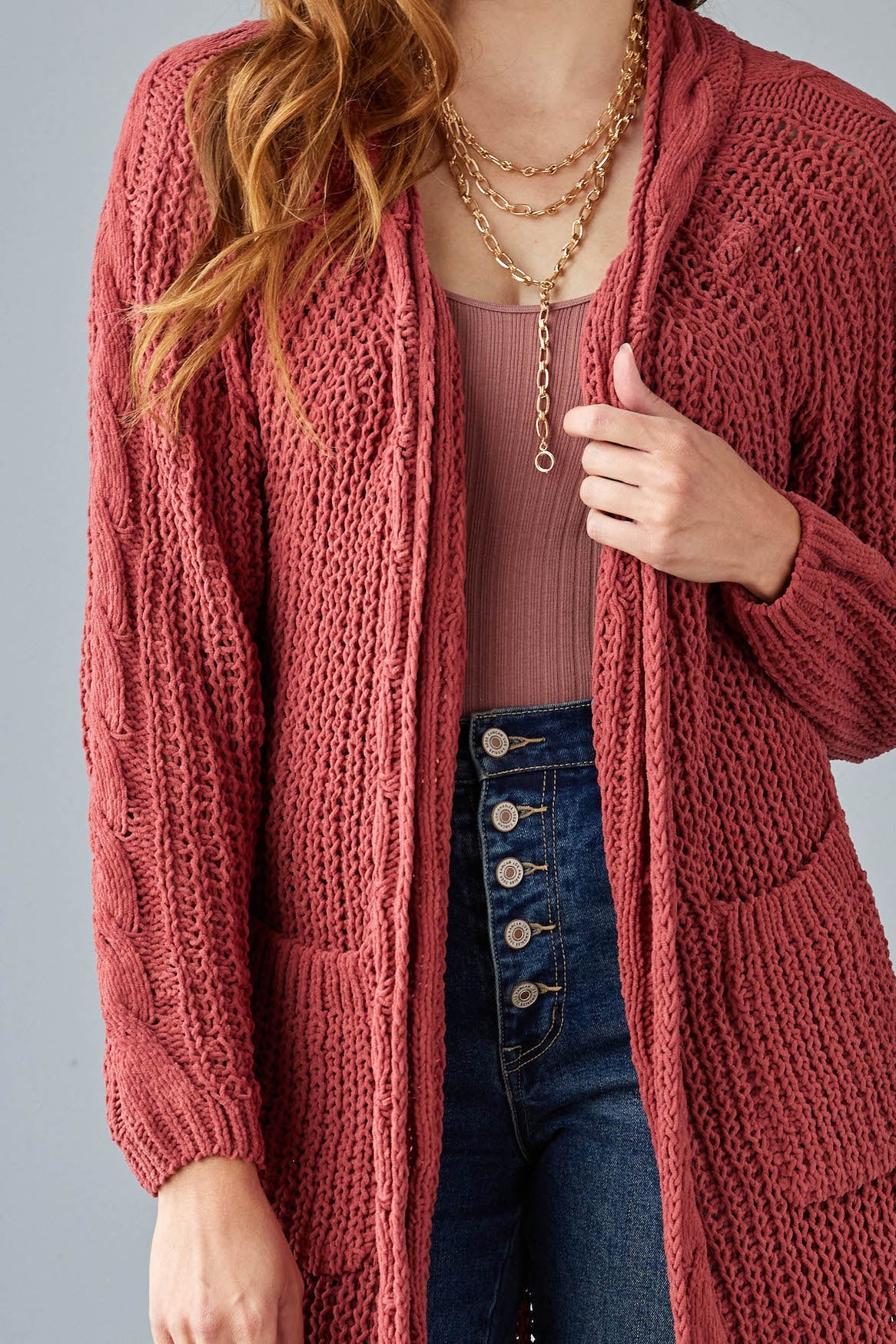 Terracotta Soft Chunky Cable Knit Cardigan