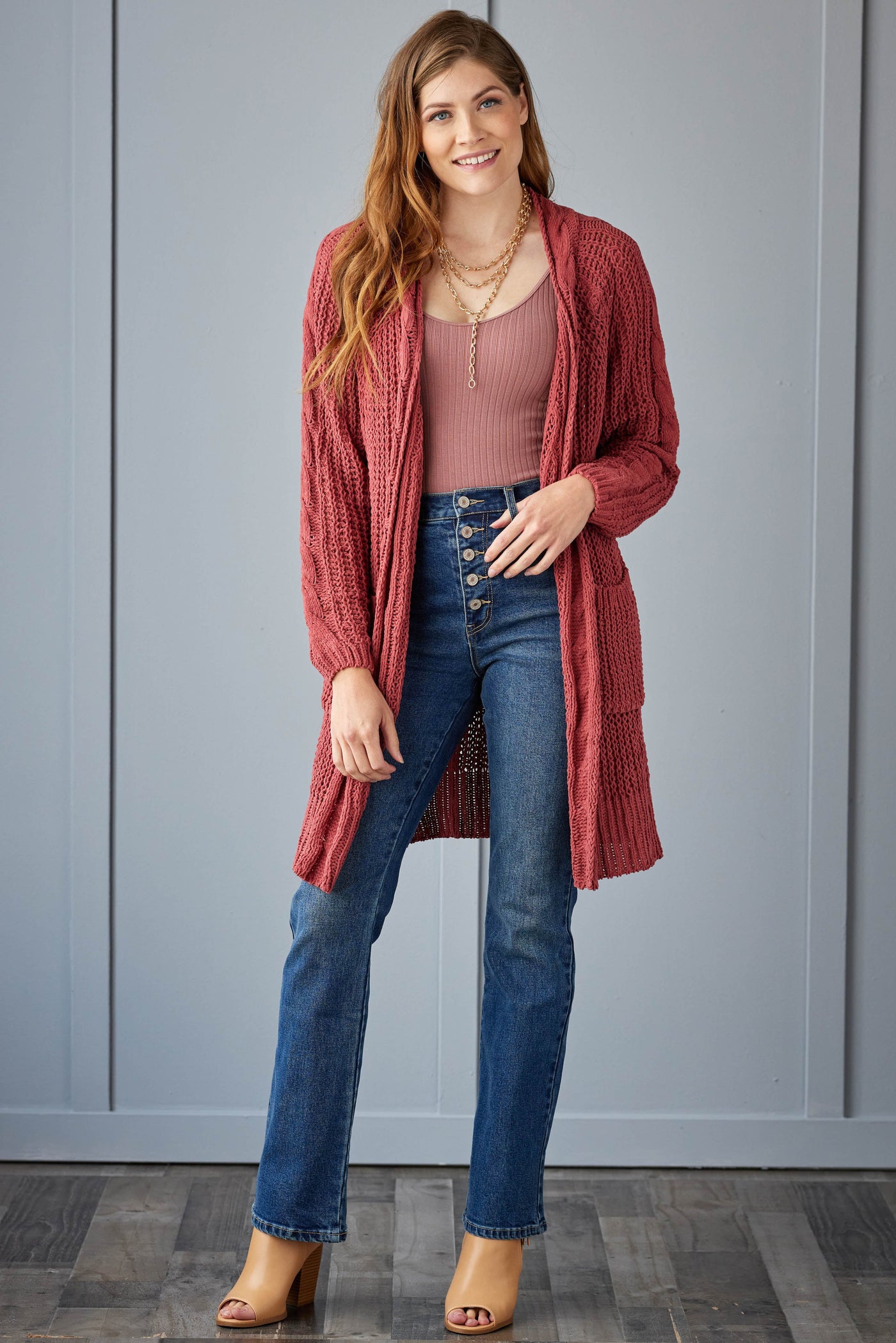 Terracotta Soft Chunky Cable Knit Cardigan