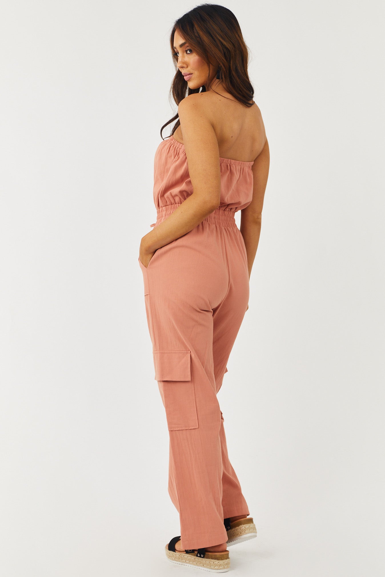 Terracotta Strapless Straight Leg Cargo Jumpsuit