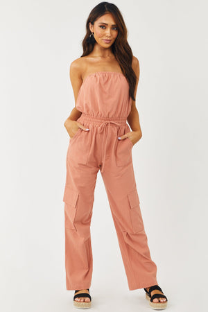 Terracotta Strapless Straight Leg Cargo Jumpsuit