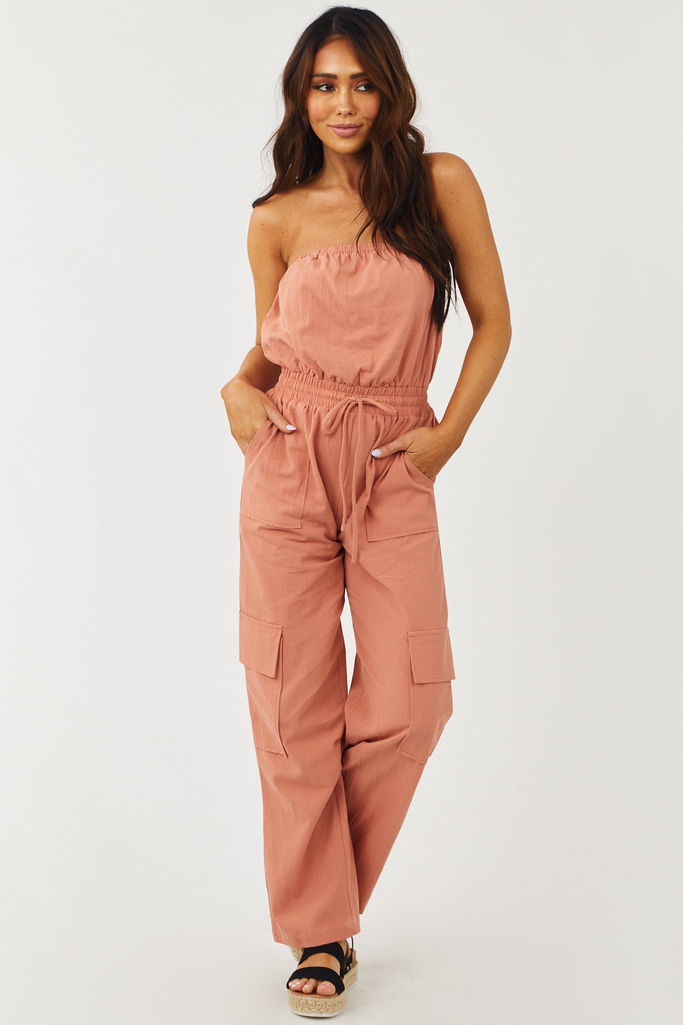 Terracotta Strapless Straight Leg Cargo Jumpsuit