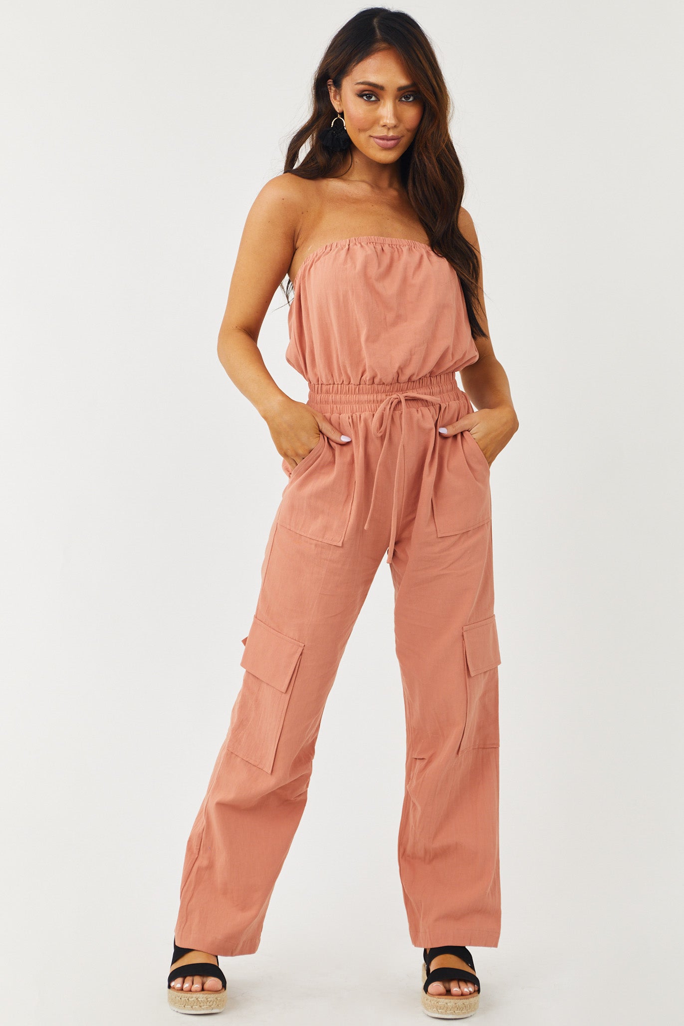 Terracotta Strapless Straight Leg Cargo Jumpsuit