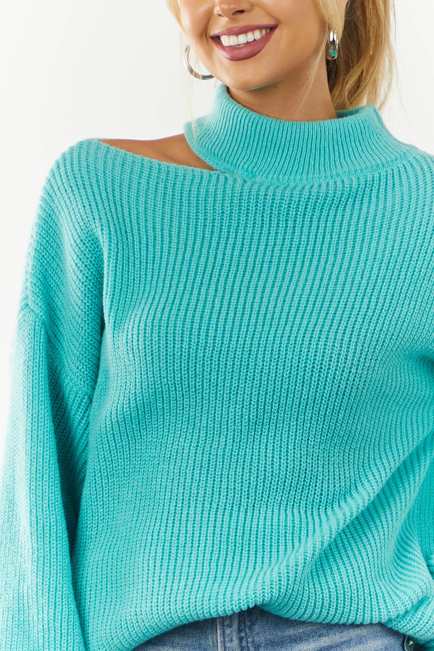 Turquoise Cold Shoulder Mock Neck Chunky Sweater
