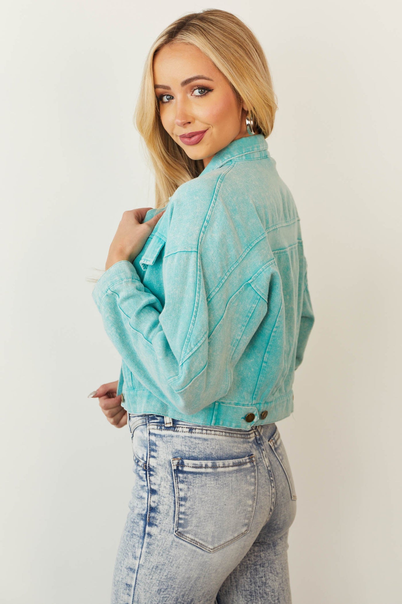 Turquoise Collared Neck Button Up Denim Jacket