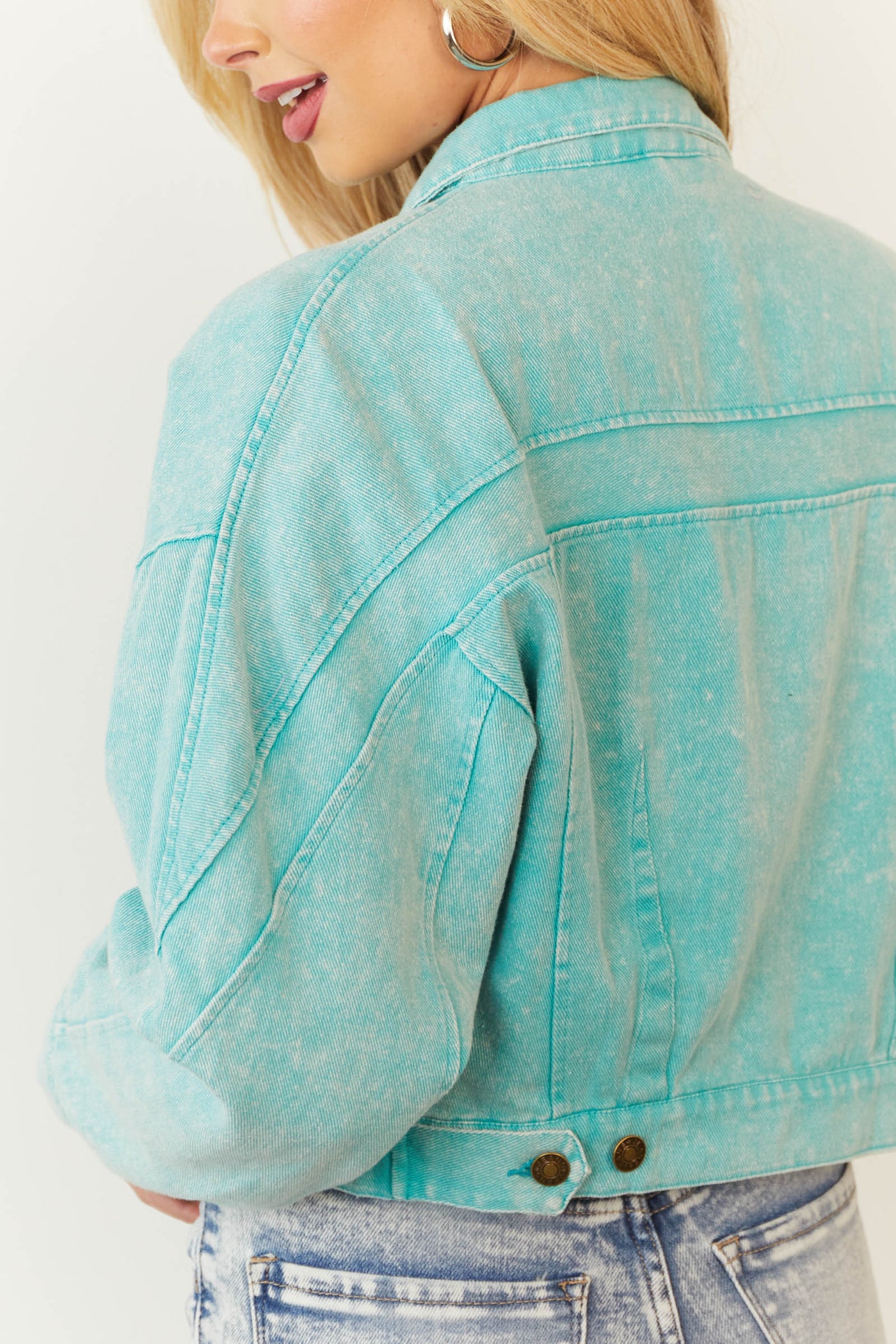 Turquoise Collared Neck Button Up Denim Jacket