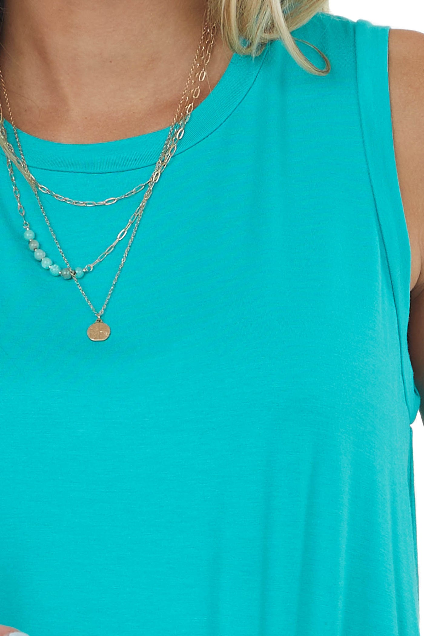 Turquoise Crew Neck Sleeveless Knit Top