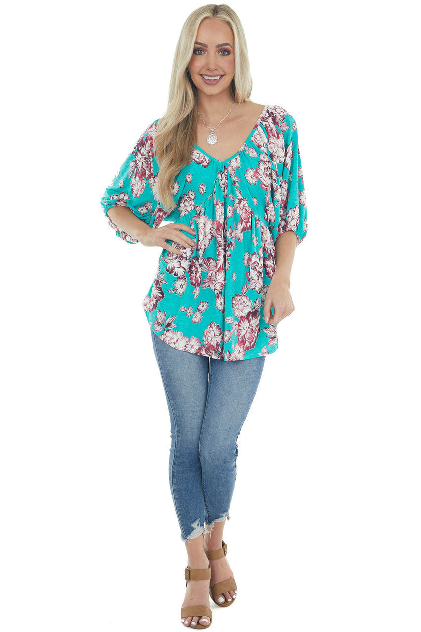 Turquoise Floral Print Babydoll Top