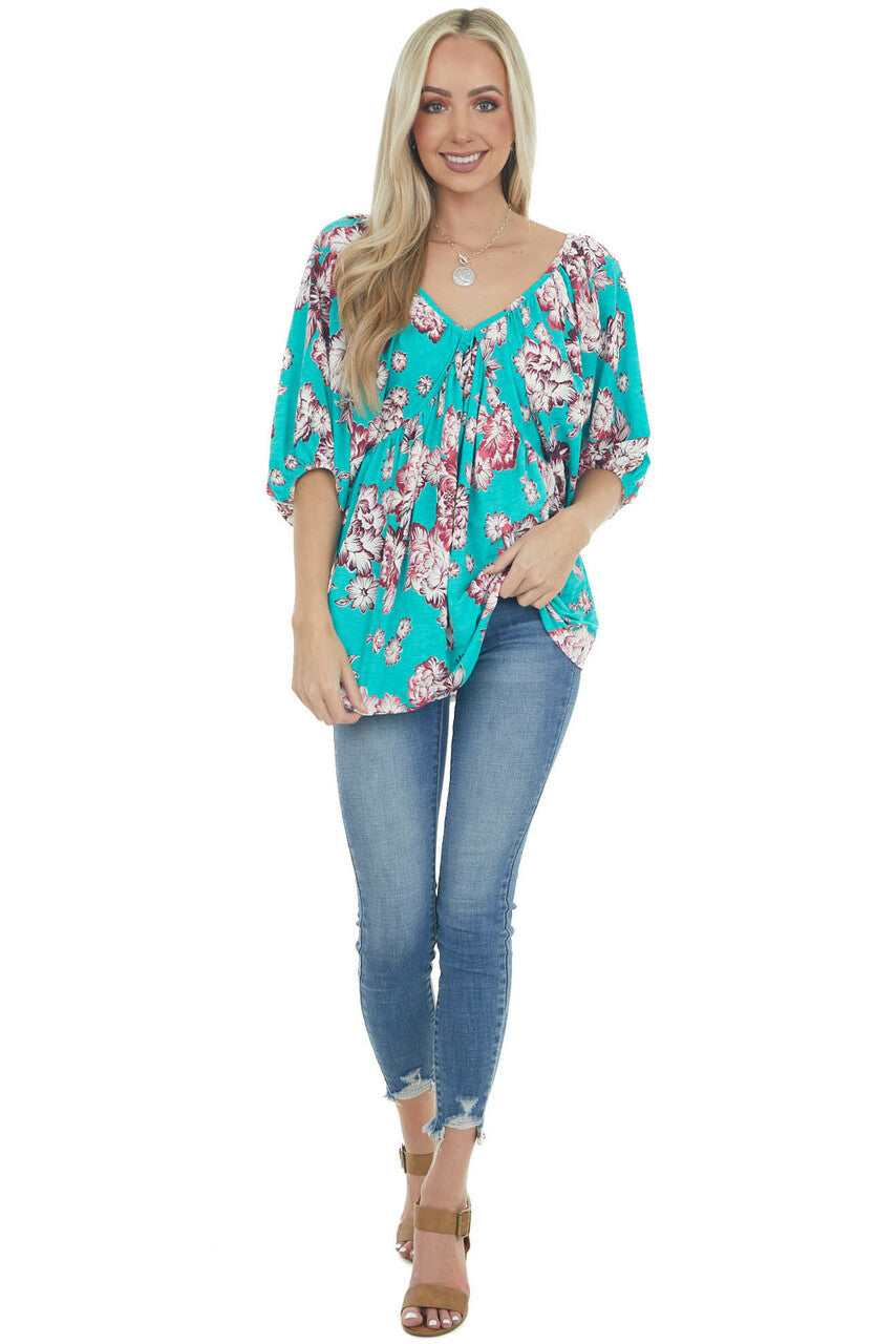 Turquoise Floral Print Babydoll Top