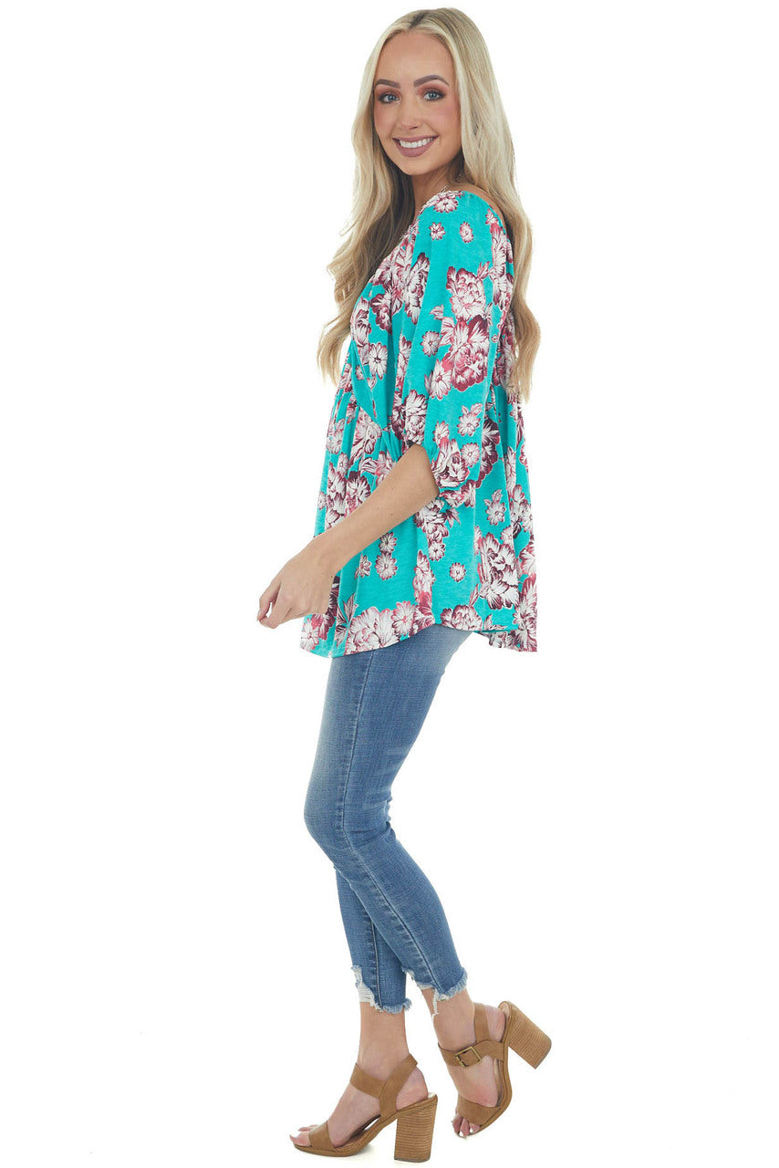 Turquoise Floral Print Babydoll Top